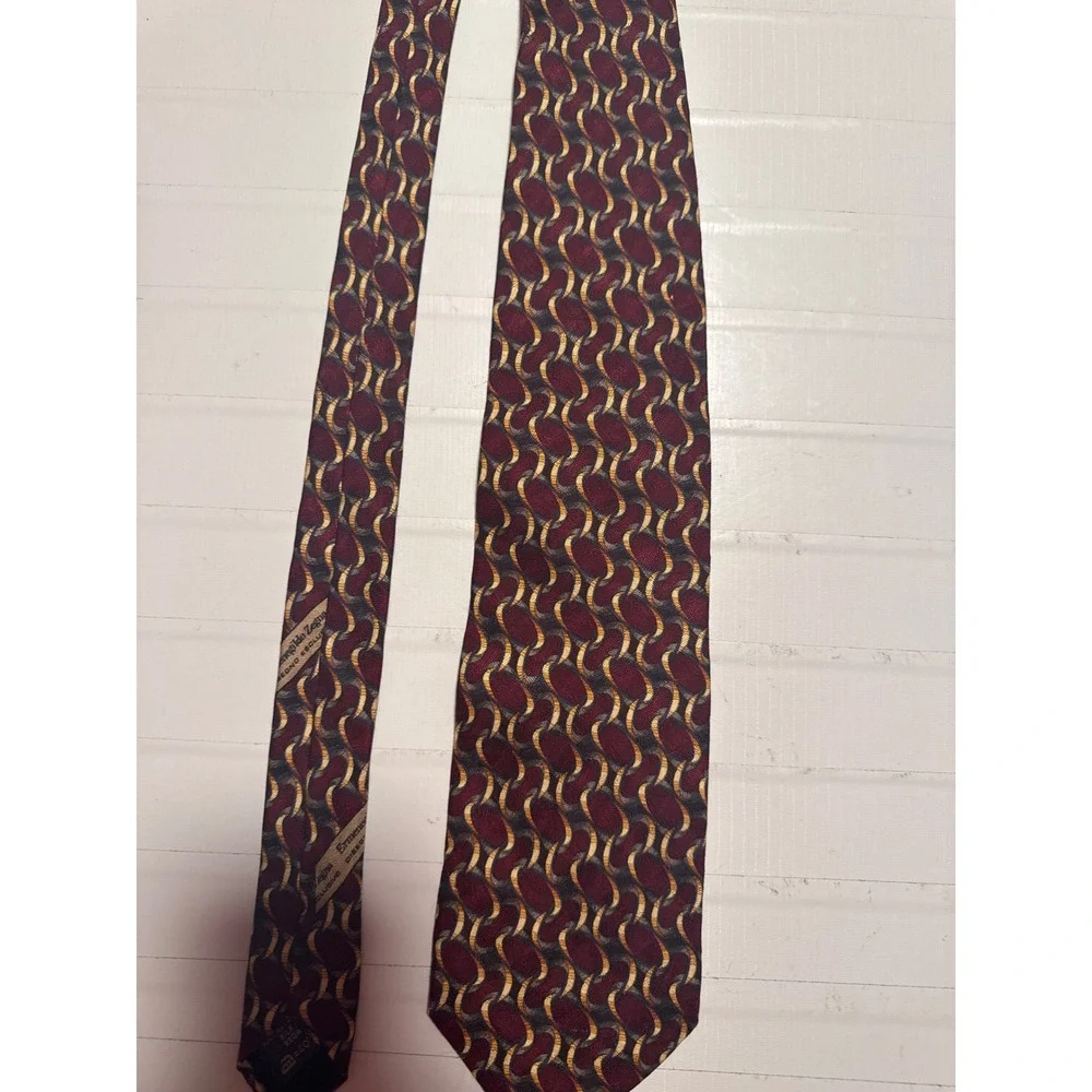 Ermenegildo Zegna Silk Tie Mens OS Burgundy Gold Geometric Chain Excellent Italy
